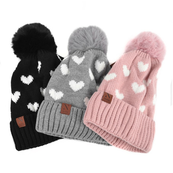 Accessories - SET OF WOMAN'S KNIT HEARTS AND POM POM HAT BEANIES